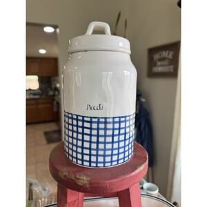 Rae Dunn Sweet Canister Jar with Lid Blue Gingham Plaid Check Artisan Collection